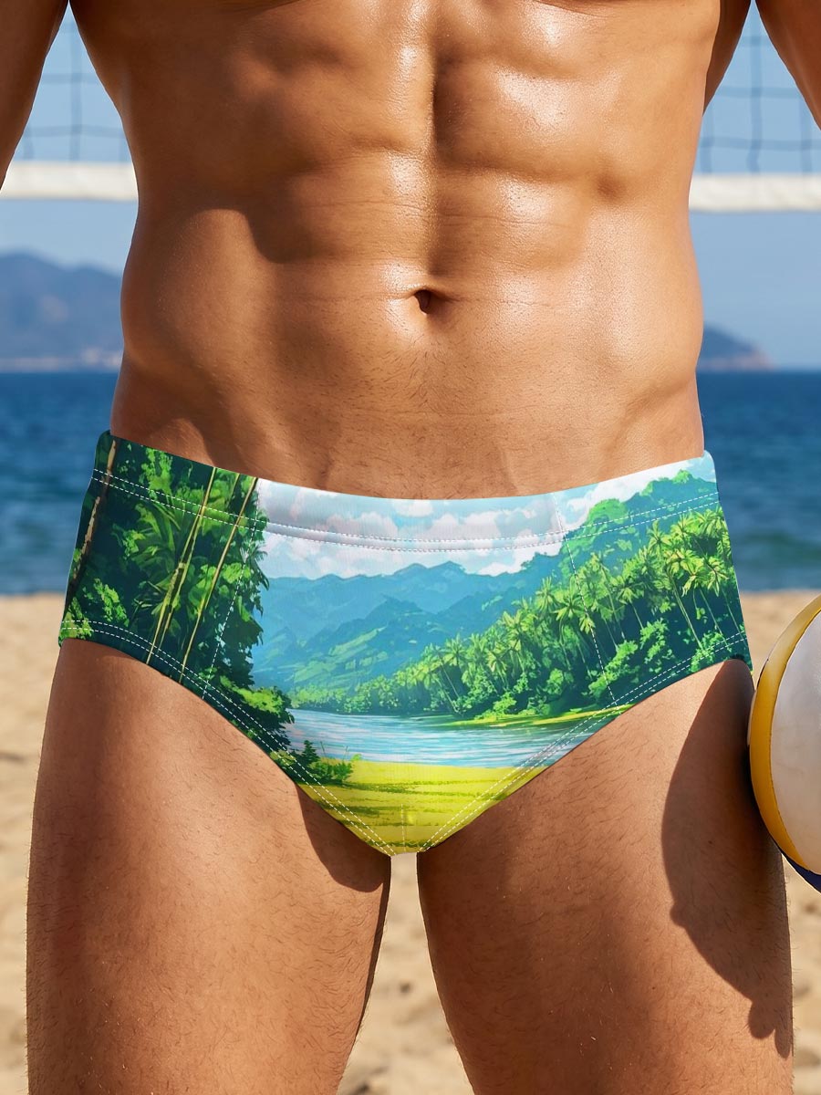 Tropical River Landscape with Lush Greenery and Palm Trees -  Men's swim trunks