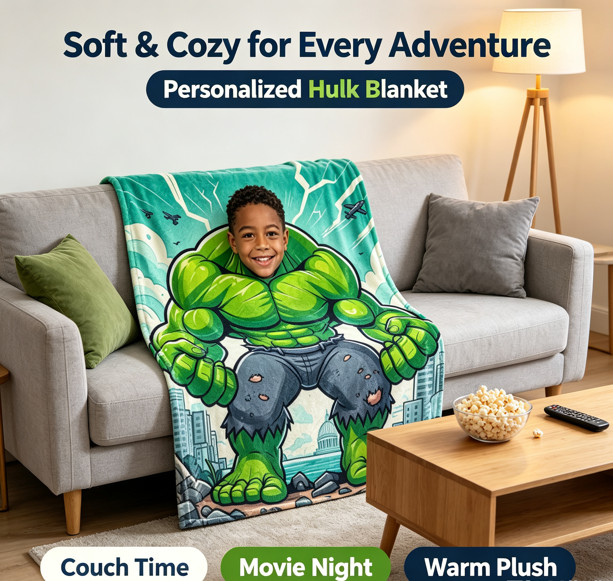Custom Hulk Blanket, Personalized Superhero Blanket For Boys, Upload Your Kid Photo, Soft 280GSM Flannel Throw Blanket, Unique Birthday Gift For Children