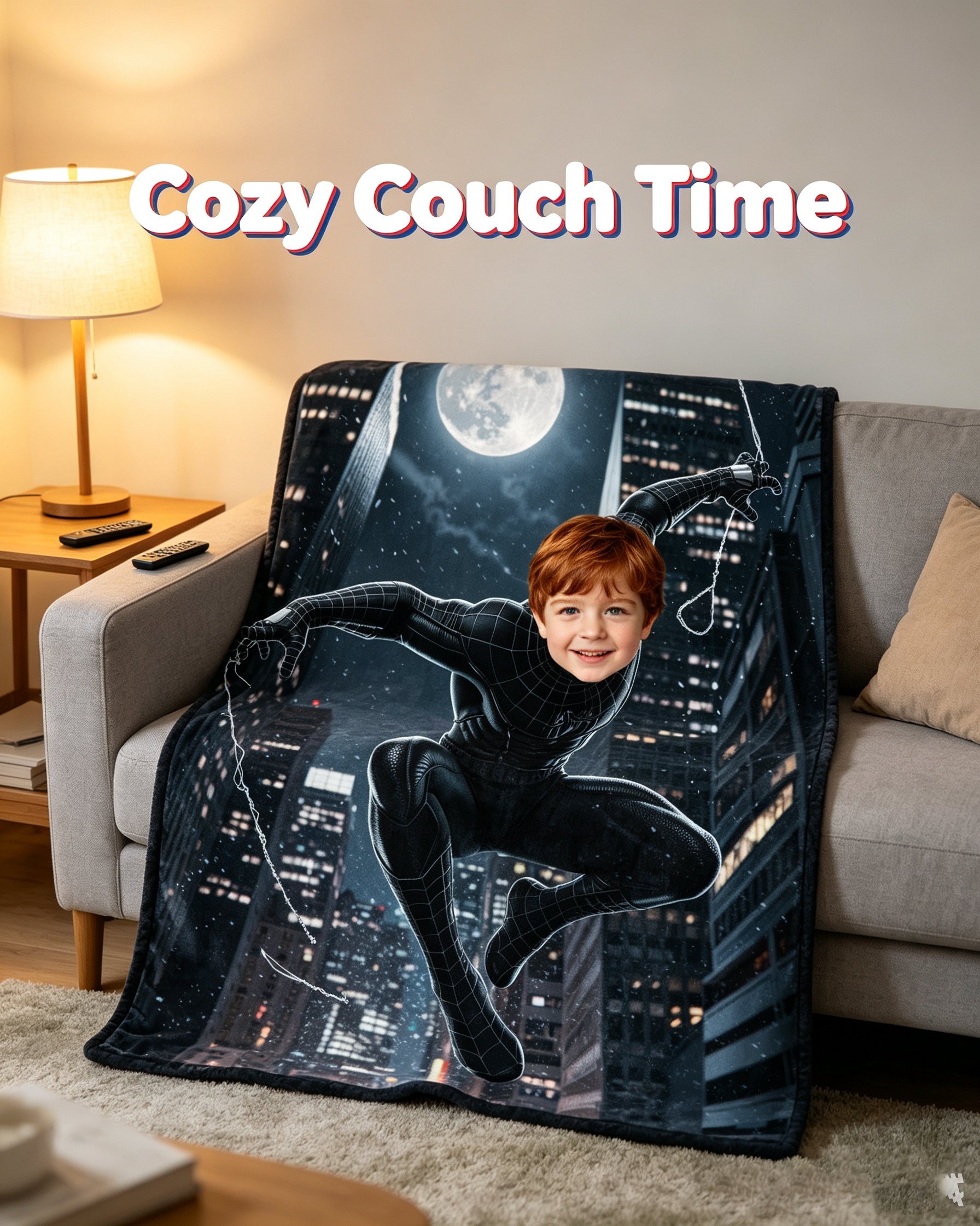 Custom Photo Black‑Suit Spider‑Man Fleece Blanket, Personalized Superhero Throw Blanket, Upload Kid Photo, Boys Unique Birthday Gift, Night City Hero Themed Bed Sofa Blanket