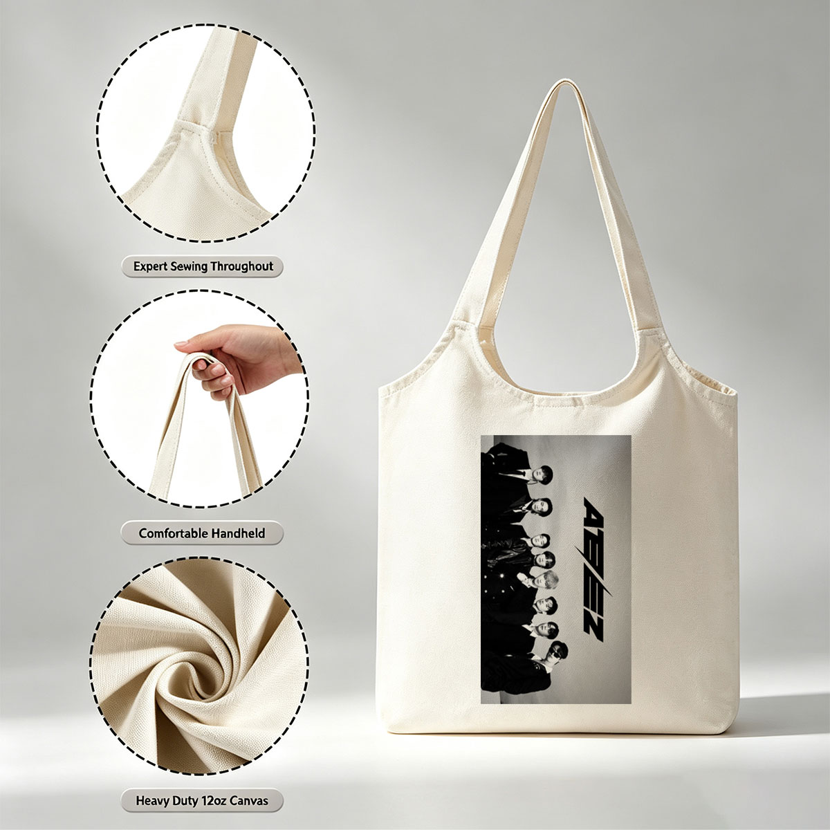 SEVENTEEN in Formal Attire Standing in a Line with Bold Logo on Gray Background - Canvas shoulder bags/