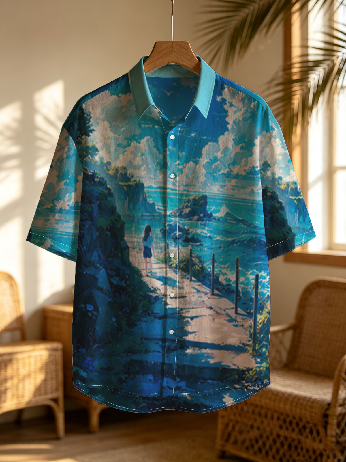 Girl walking on coastal path overlooking turquoise sea and rocky cliffs under bright blue sky -  Shirt