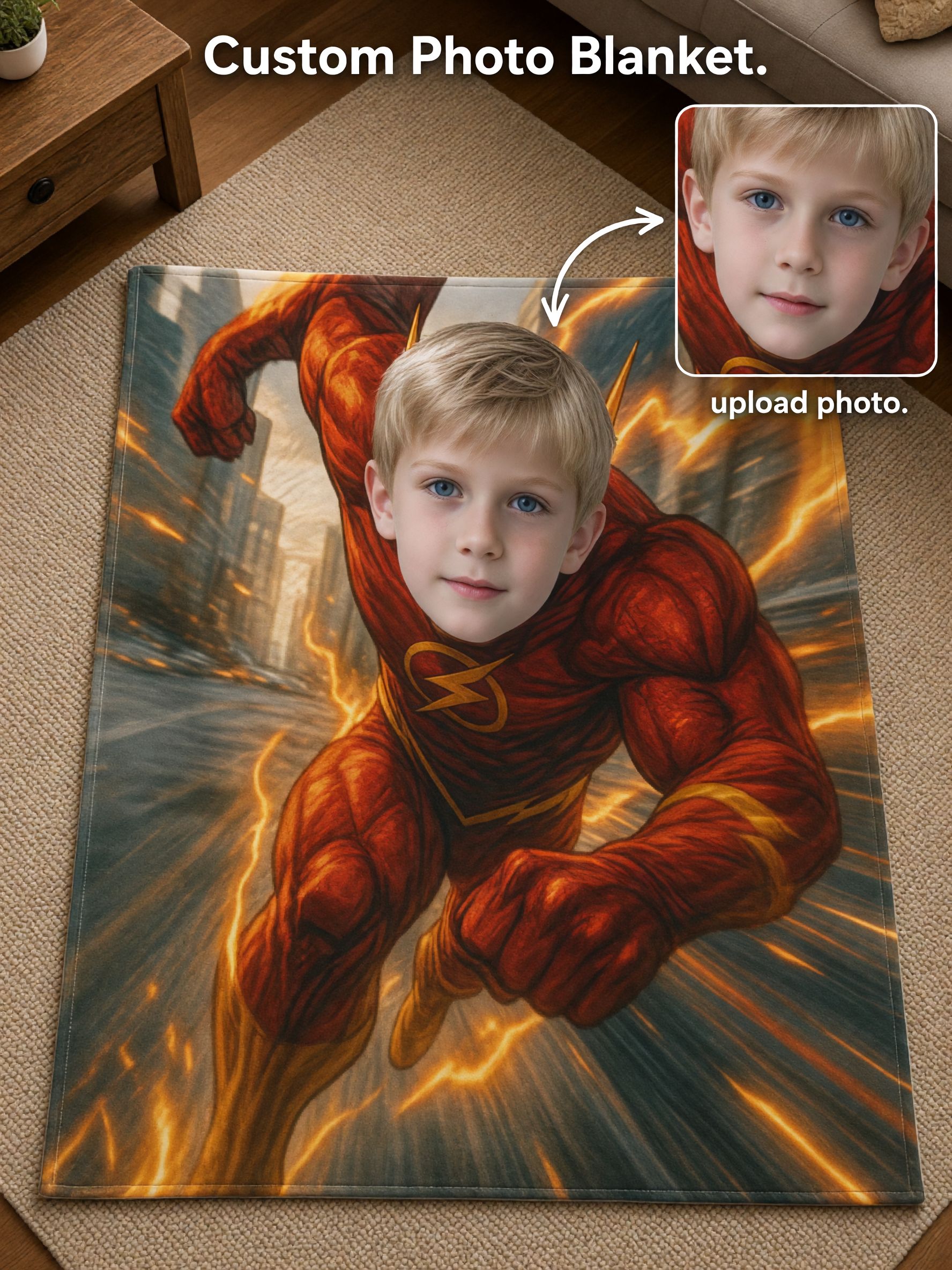 Custom Face Flannel Blanket with Red Lightning Superhero Design, Ultra-Soft Anti-Pilling Plush Throw, Ideal