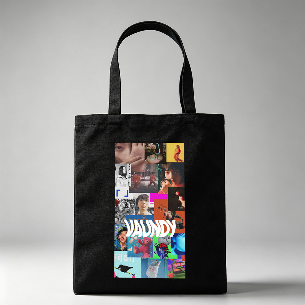 VAUNDY in a vibrant collage of artistic scenes featuring expressive faces, colorful imagery, and dynamic visuals - Canvas tote bags