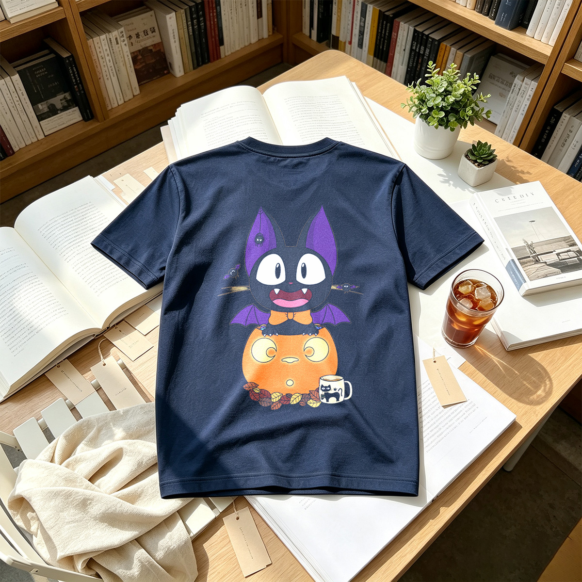 Halloween Cat with Pumpkin and Bat Wings - Tee