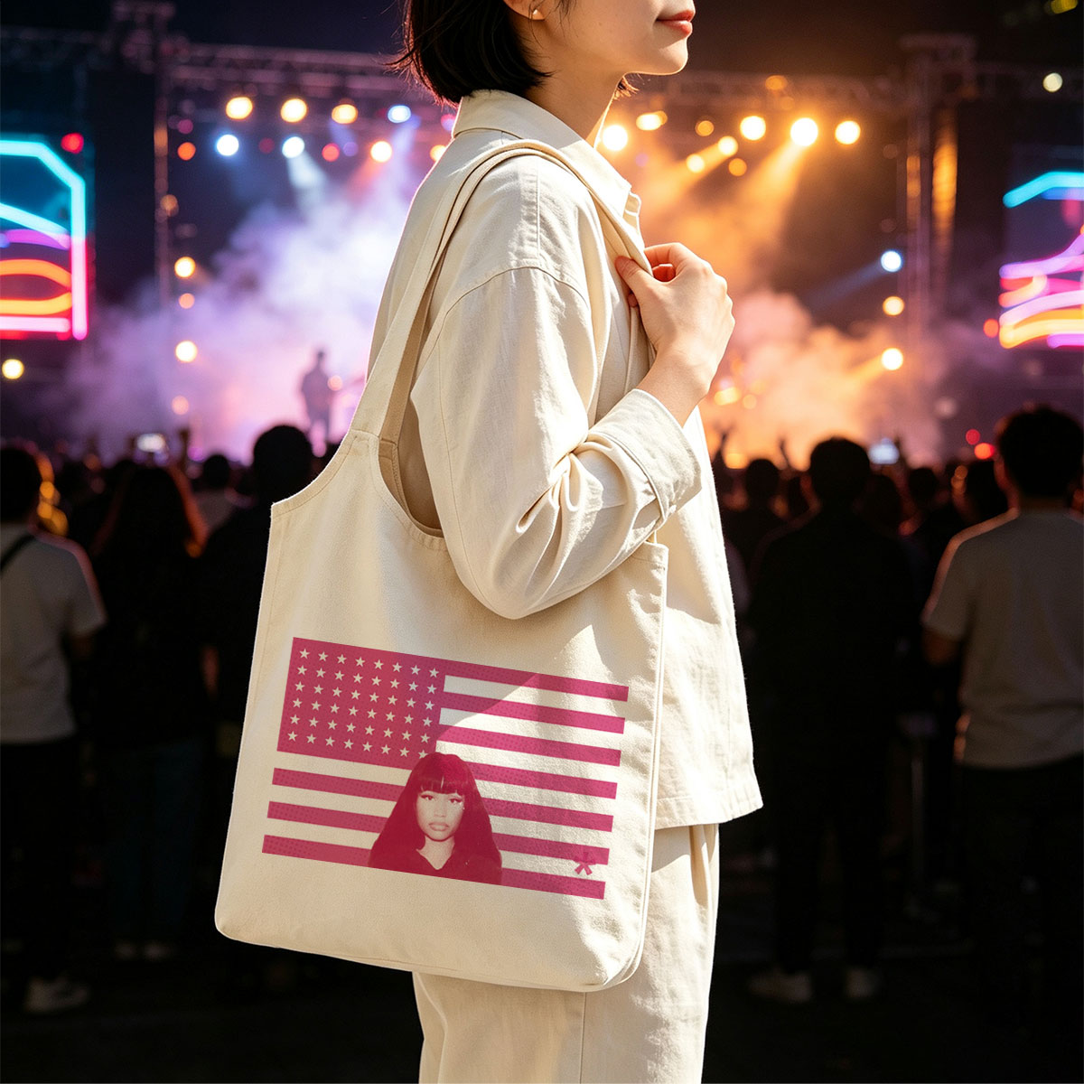 Nicki Minaj in Front of Pink American Flag Background - Canvas shoulder bags/