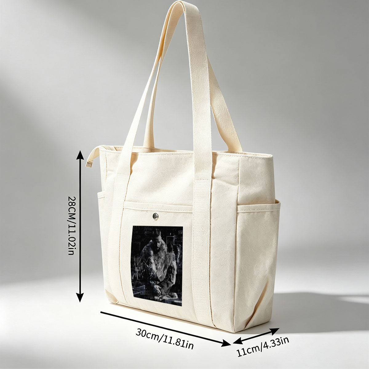 Kendrick Lamar in a fur-lined coat with geometric overlays and collage elements on a dark, textured background - Multi-pocket bags