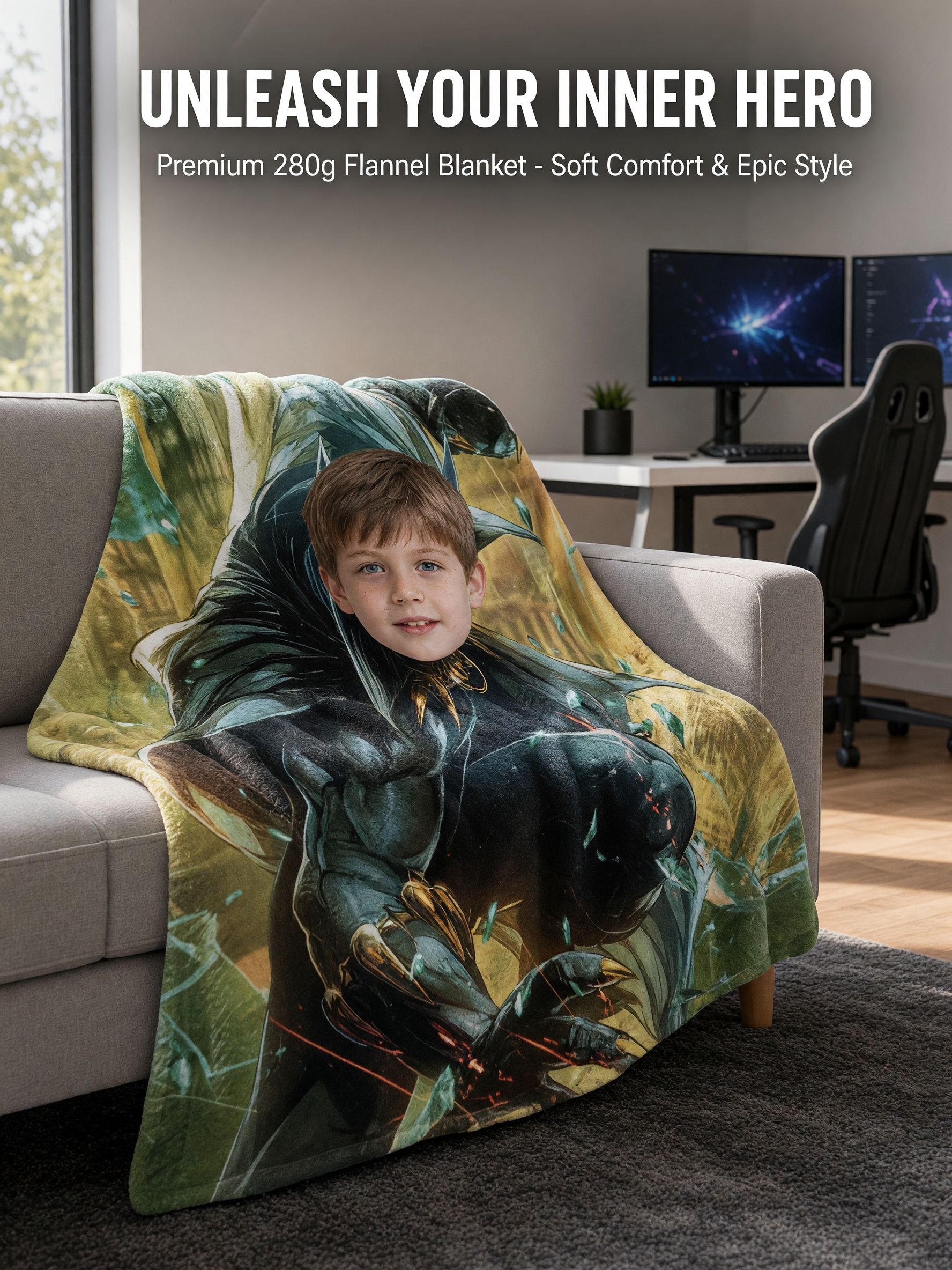 Personalized Custom Face Blanket Superhero Comic Flannel Fleece Throw Ultra Soft Warm Bedding Keepsake Gift for Kids