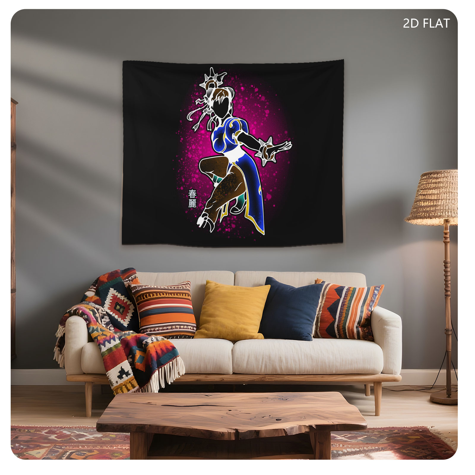 Chun-Li from Street Fighter in Dynamic Pose with Glowing Effects - Tapestry
