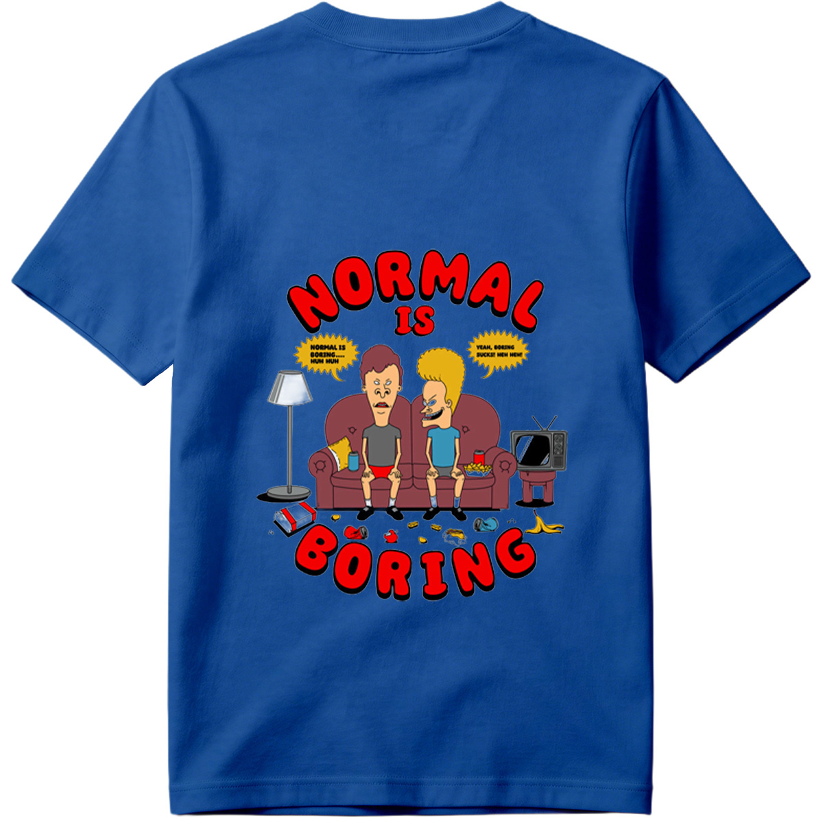 Normal Is Boring: Two Cartoon Characters on Couch with Chaos Around - Tee