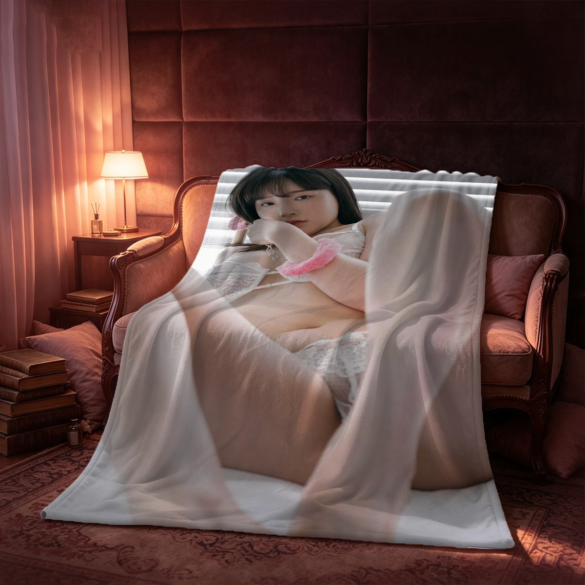 Rina Akiyama in Blue Floral Kimono Peeking from Shoji Door - Blanket