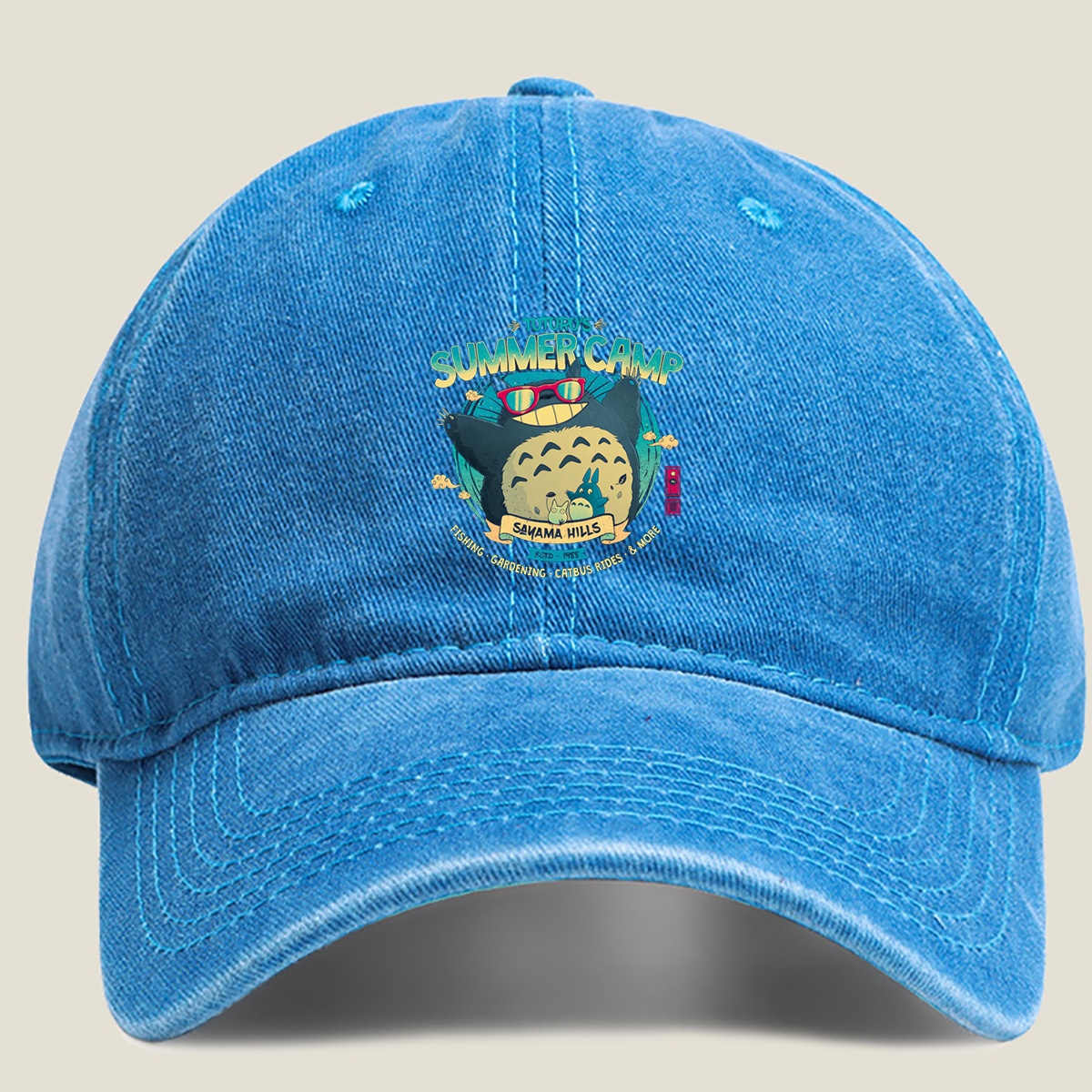Totoro's Summer Camp: Totoro, Little Totoros, and Catbus in Sakama Hills - Washed Denim - Baseball Cap