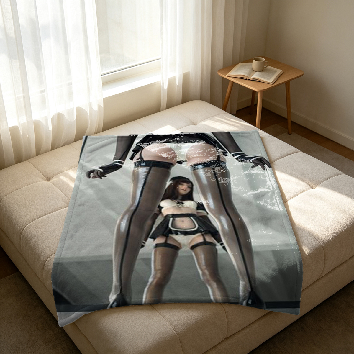 A woman in a black dress lying on a bed. - Blanket