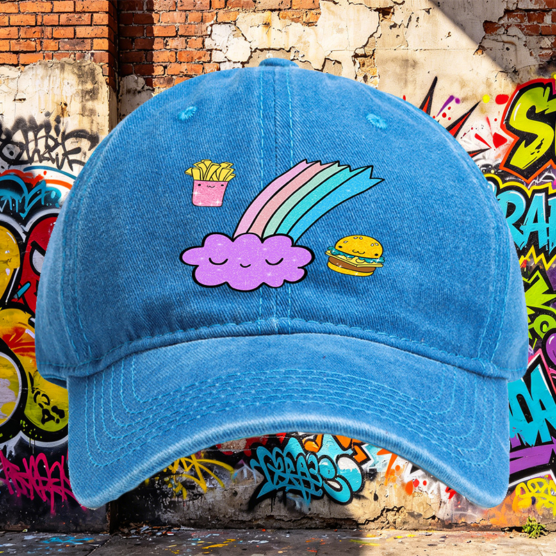 Unisex Classic Washed Cap with Kawaii Rainbow Cloud, Happy Fries & Burger Print – Casual Streetwear Hat for Youth and Trendy Adults, Perfect for Daily Wear, Outings, and Festivals