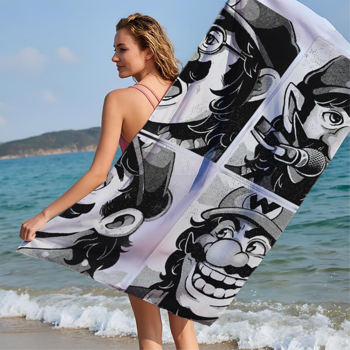 Mario, Luigi, Wario, and Waluigi in a comic-style black-and-white panel featuring expressive faces and microphones. - Beach towels