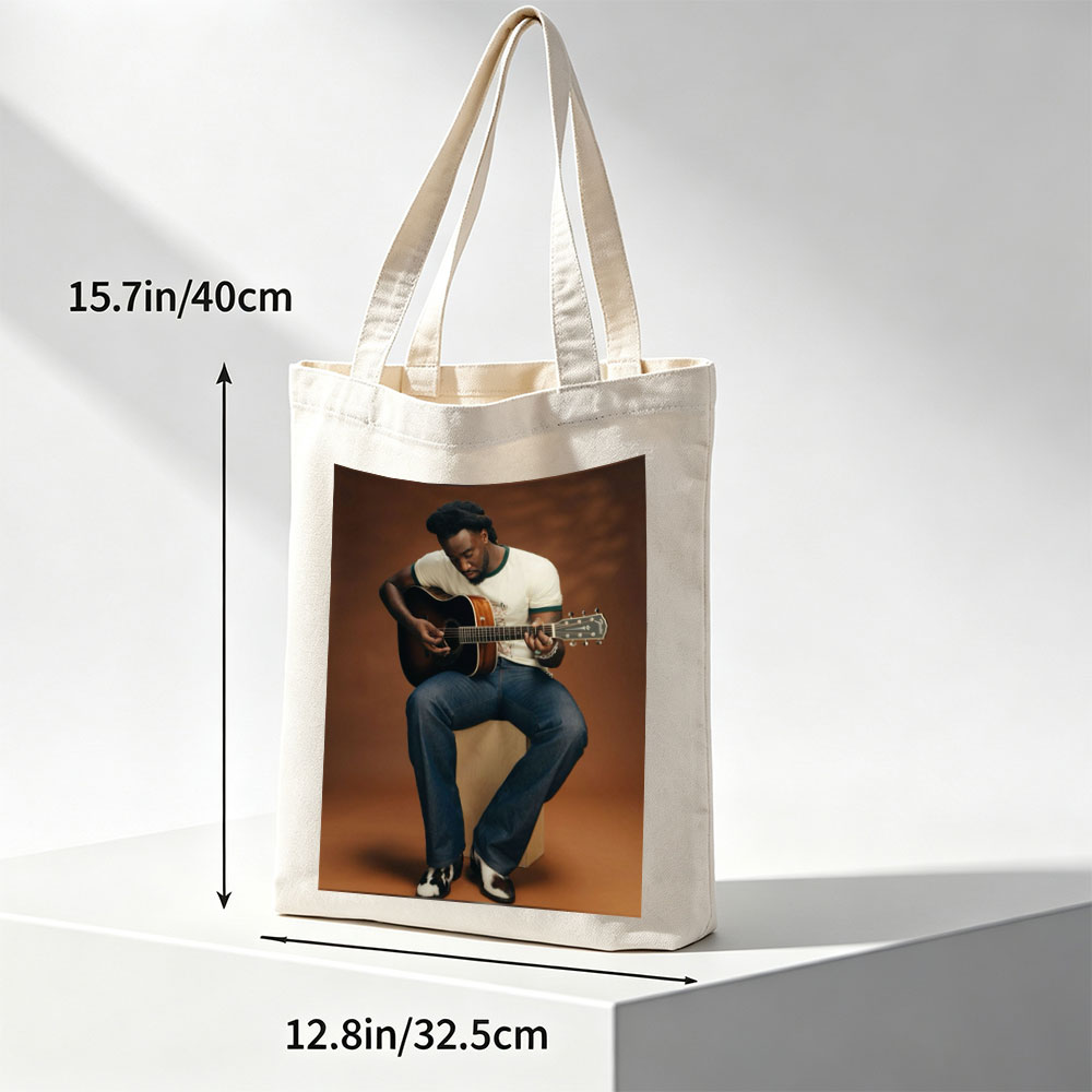 Khalid Playing Acoustic Guitar in Studio Portrait - Canvas tote bags