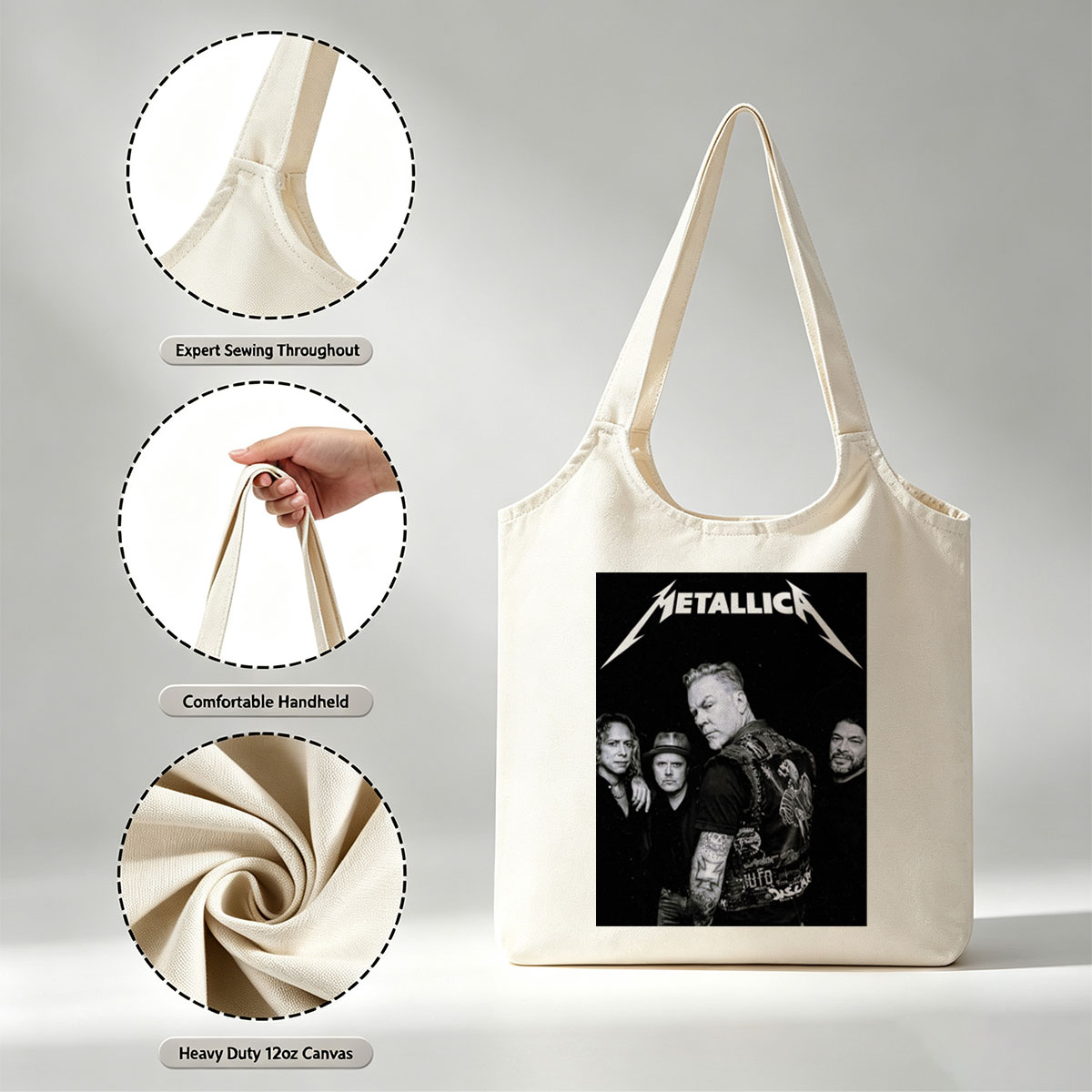 Metallica Band Members in Black and White Portrait with Iconic Logo - Canvas shoulder bags/