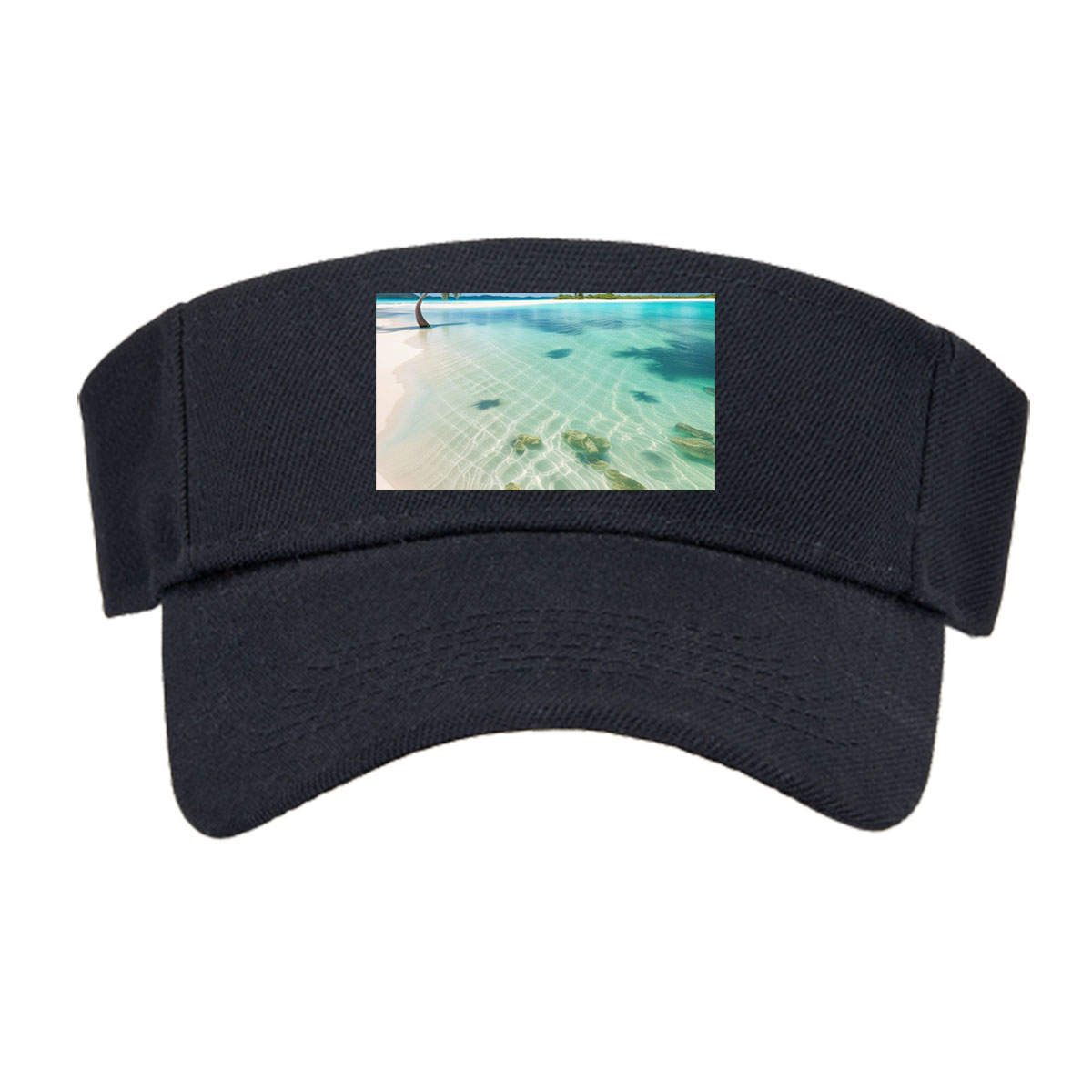 Serene tropical beach with crystal clear water and palm trees -  Visor cap