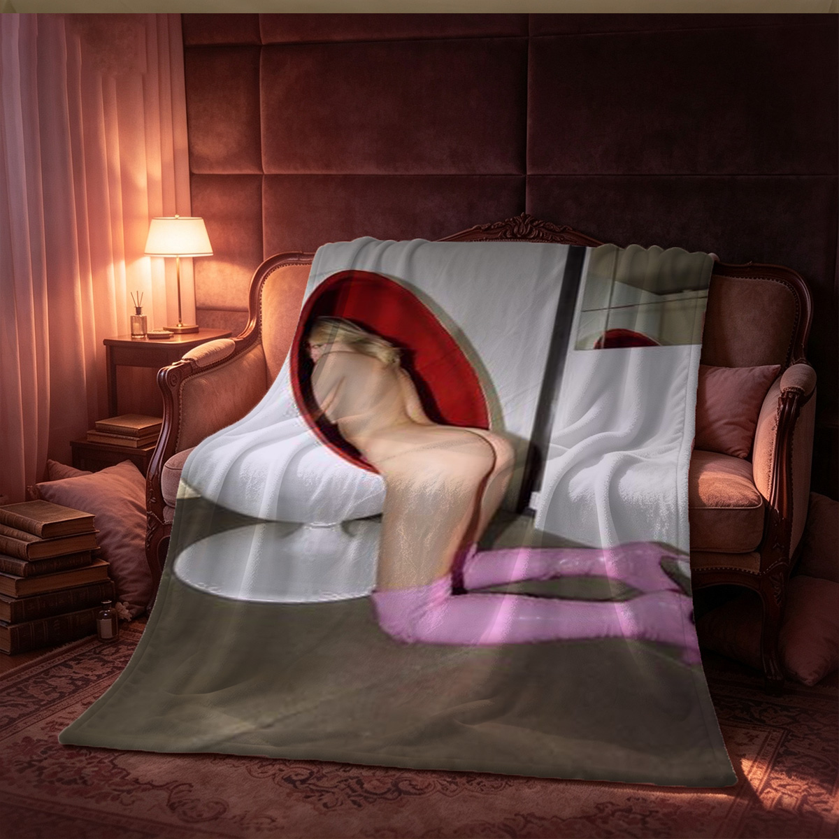 A glamorous Asian beauty with long dark hair, wearing an open white silk robe, poses nude with a flowering branch covering her breasts in an elegant bamboo-themed room. - Blanket