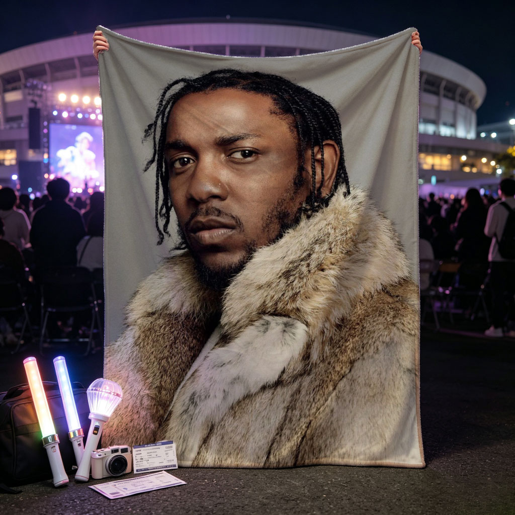 Kendrick Lamar in a Fur Coat Portrait with Intense Gaze and Braided Hair - Blankets