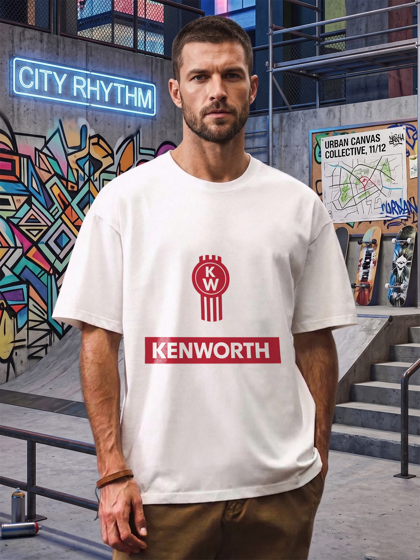 Men's Kenworth Logo Print T-Shirt Red and White Graphic Design Casual Round Neck Lightweight Breathable Summer Short Sleeve Tee for Truck Enthusiasts and Drivers