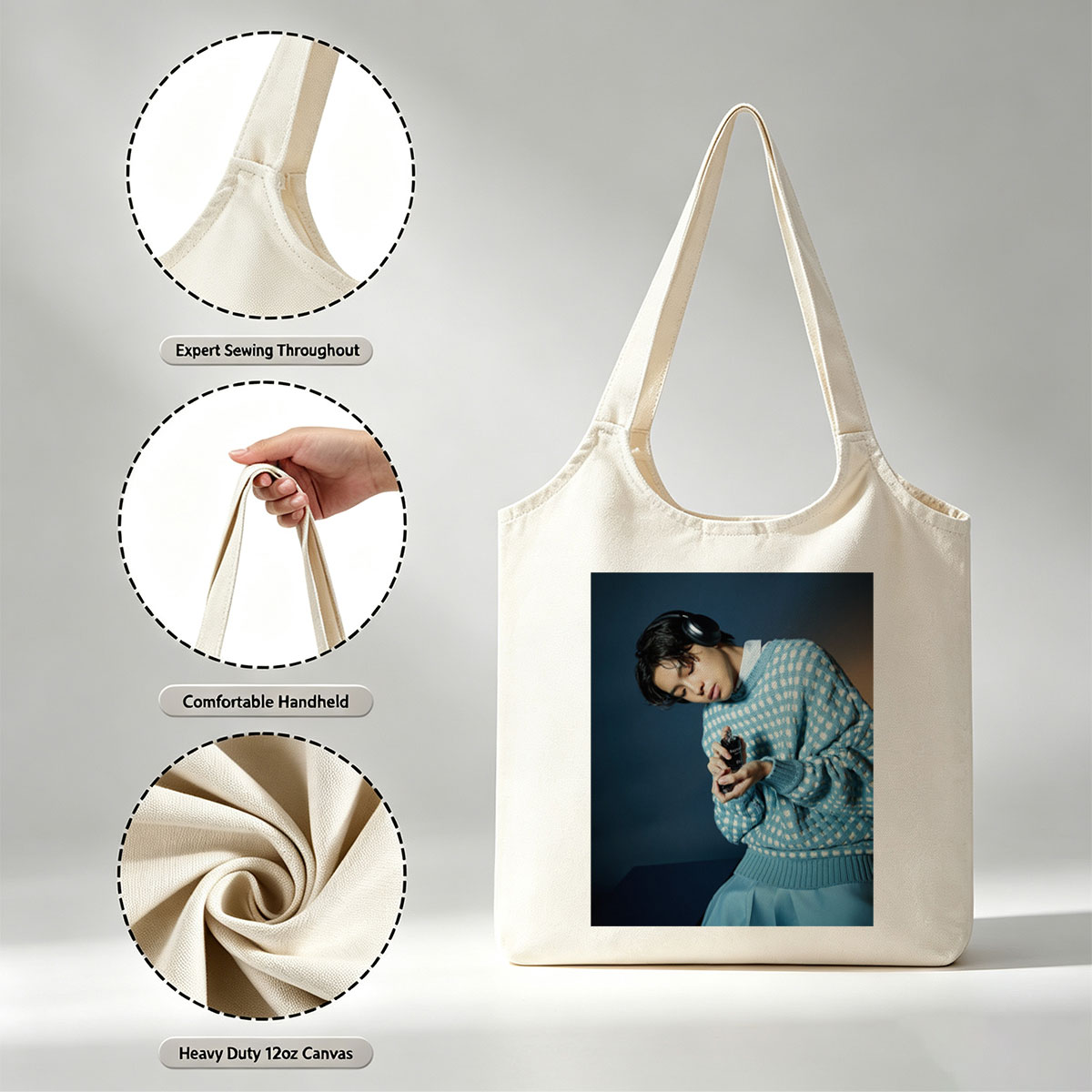 Jaden Smith in a Stylish Blue Sweater Holding a Perfume Bottle with Headphones On - Canvas shoulder bags/