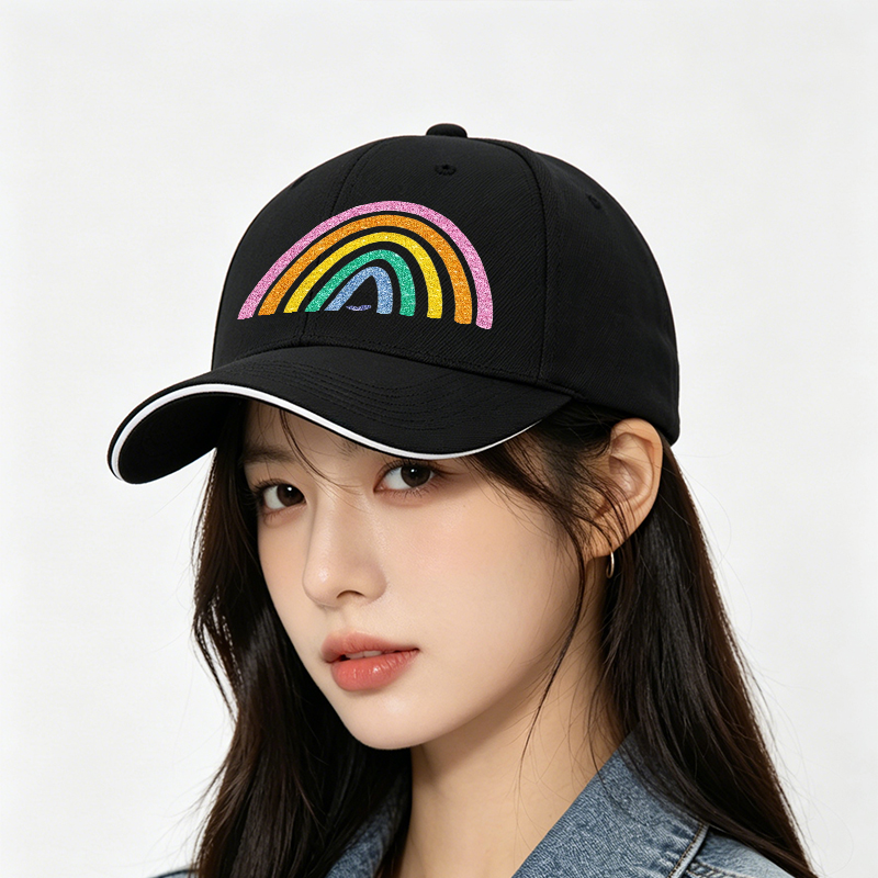 Unisex Classic Sandwich Hat with Glitter Rainbow Heart Print | Perfect for Outdoor Activities, Beach, Festival, and Daily Wear | Ideal for Adults Seeking Fun and Vibrant Style