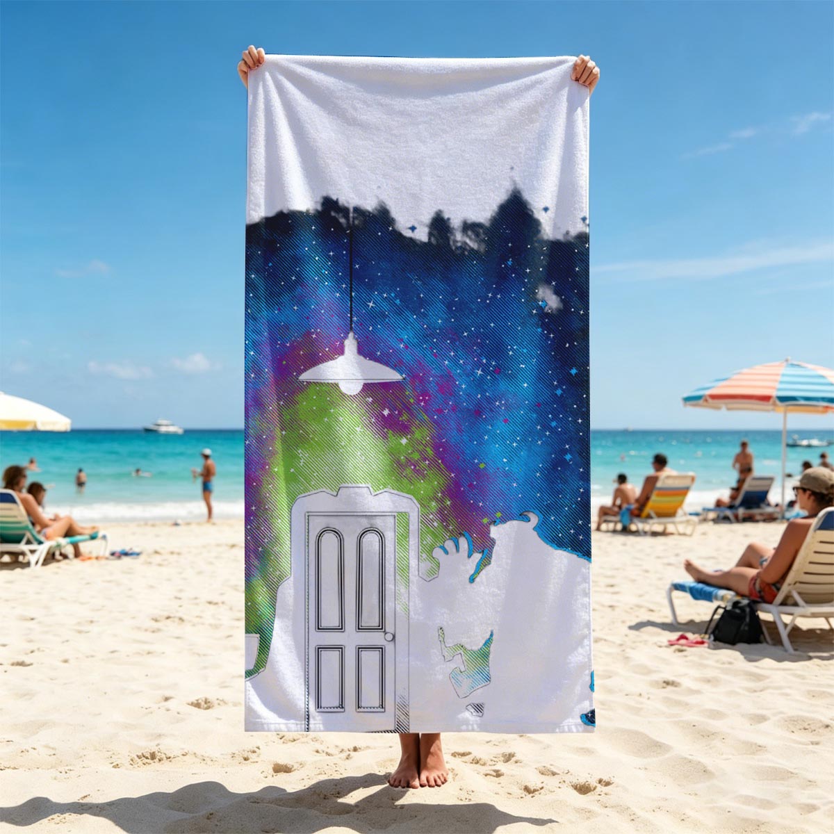 Doctor Who: The TARDIS Door Opens to a Cosmic Sky - Beach towels