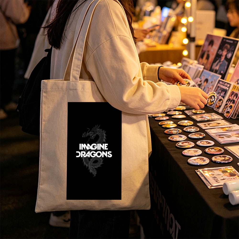 Imagine Dragons Band Logo with Dragon Art on Black Background - Canvas tote bags