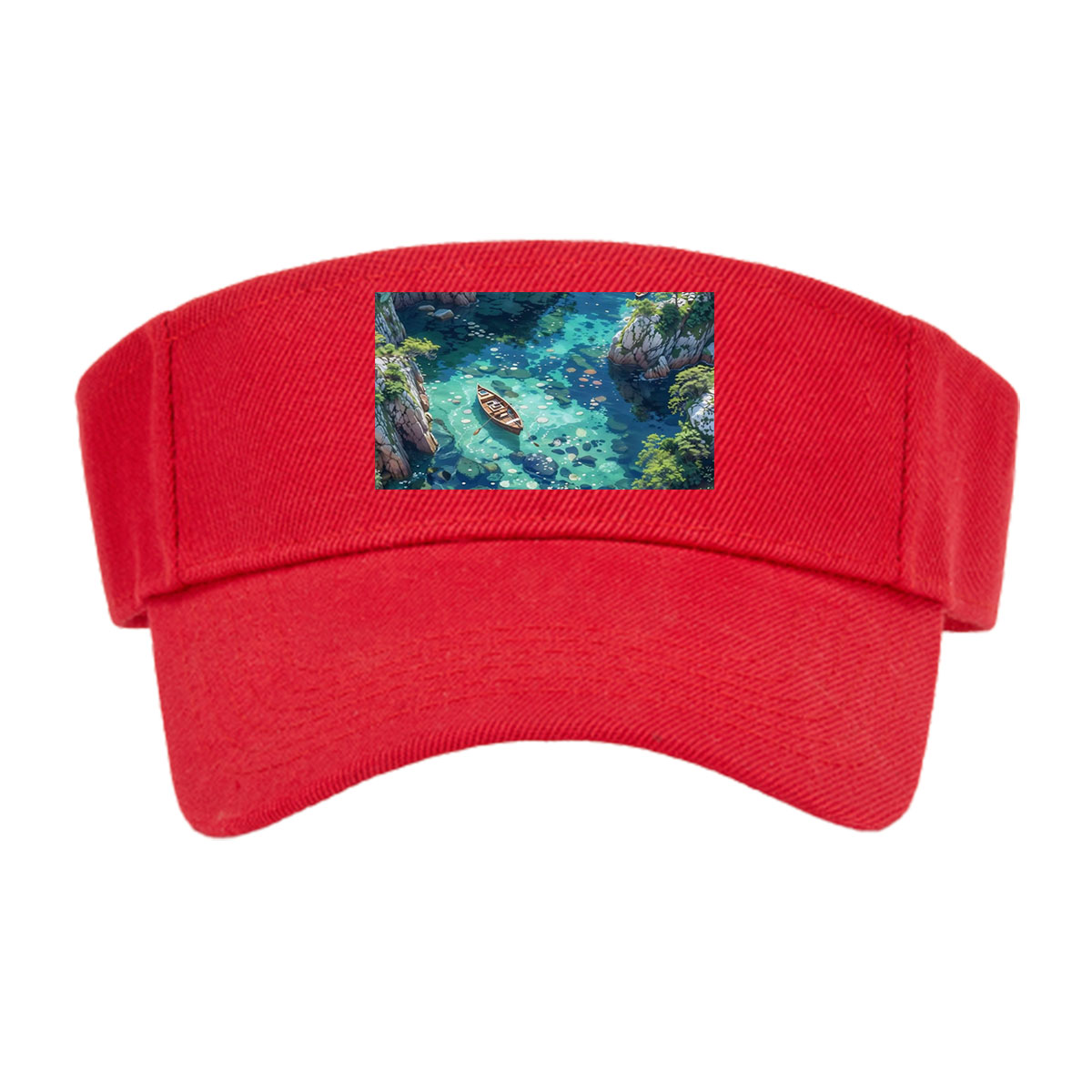 A serene boat floats on crystal-clear waters surrounded by rocky cliffs and blooming flowers. -  Visor cap