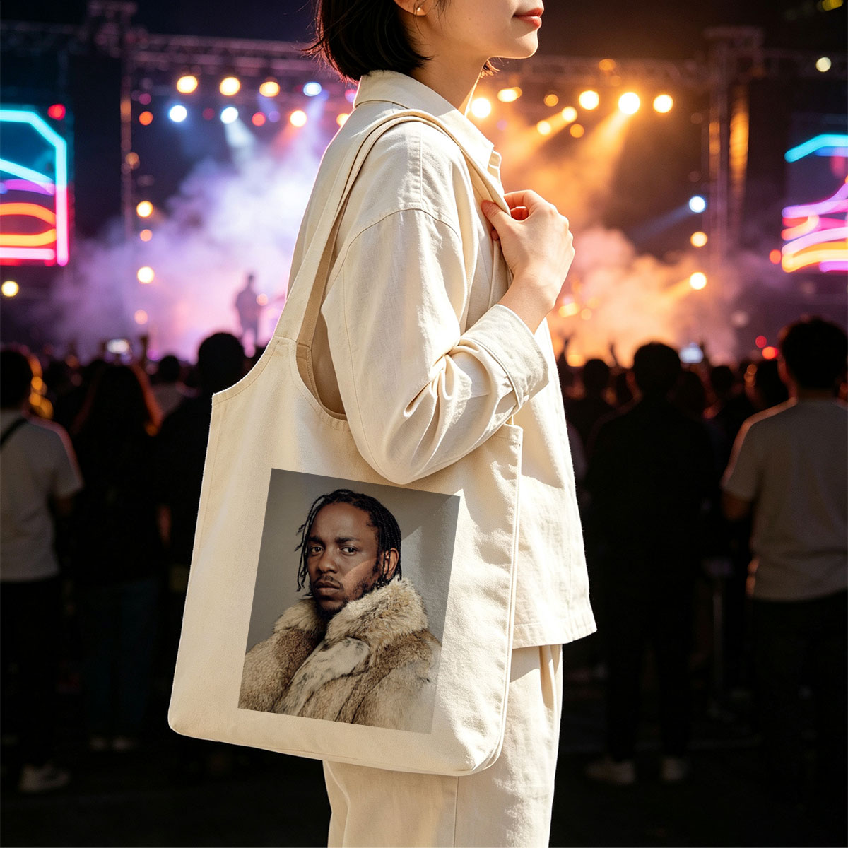 Kendrick Lamar in a Fur Coat Portrait with Intense Gaze and Braided Hair - Canvas shoulder bags/