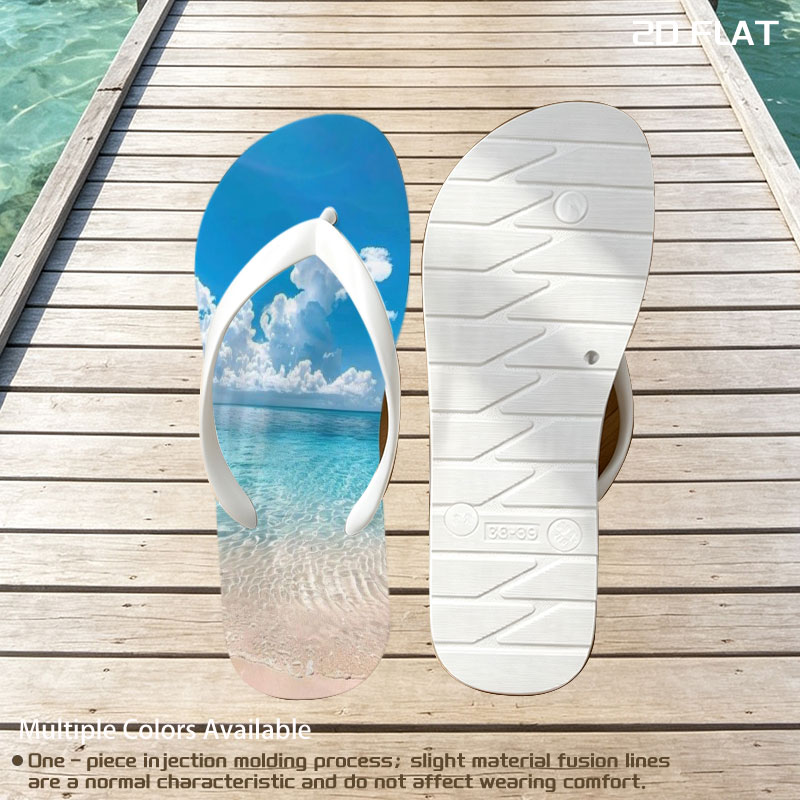 Crystal clear turquoise waters meet soft sandy beach under a vibrant blue sky with fluffy white clouds. -  flip-flops