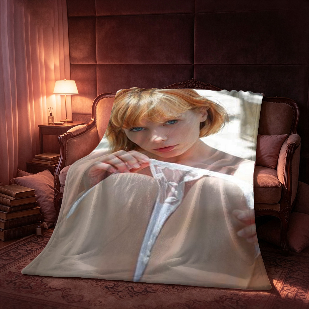 Elle Fanning in unbuttoned sheer shirt leaning against wall. - Blanket