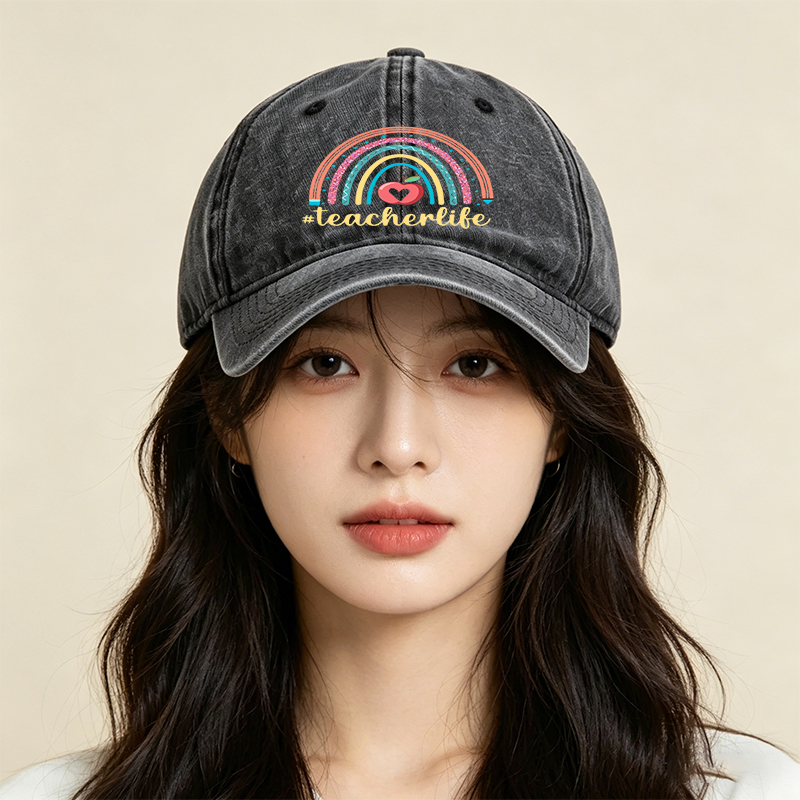 Unisex Classic Washed Hat with Rainbow Apple Print and #teacherlife Text – Perfect for Teachers, Educators, and School Events – Ideal Gift for Teaching Professionals