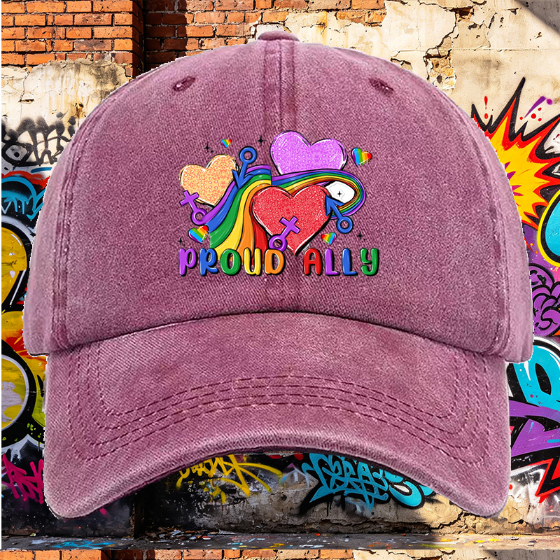 Men's Printed Washed Cap with Rainbow Hearts and 