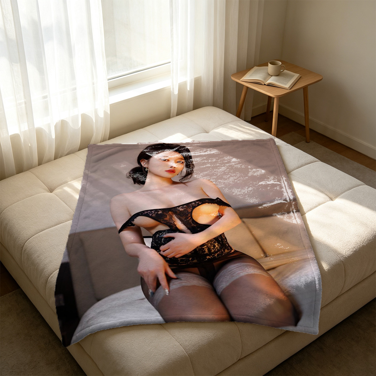 Elegant Woman in White Blouse, Black Corset and Sheer Tights by City Window - Blanket