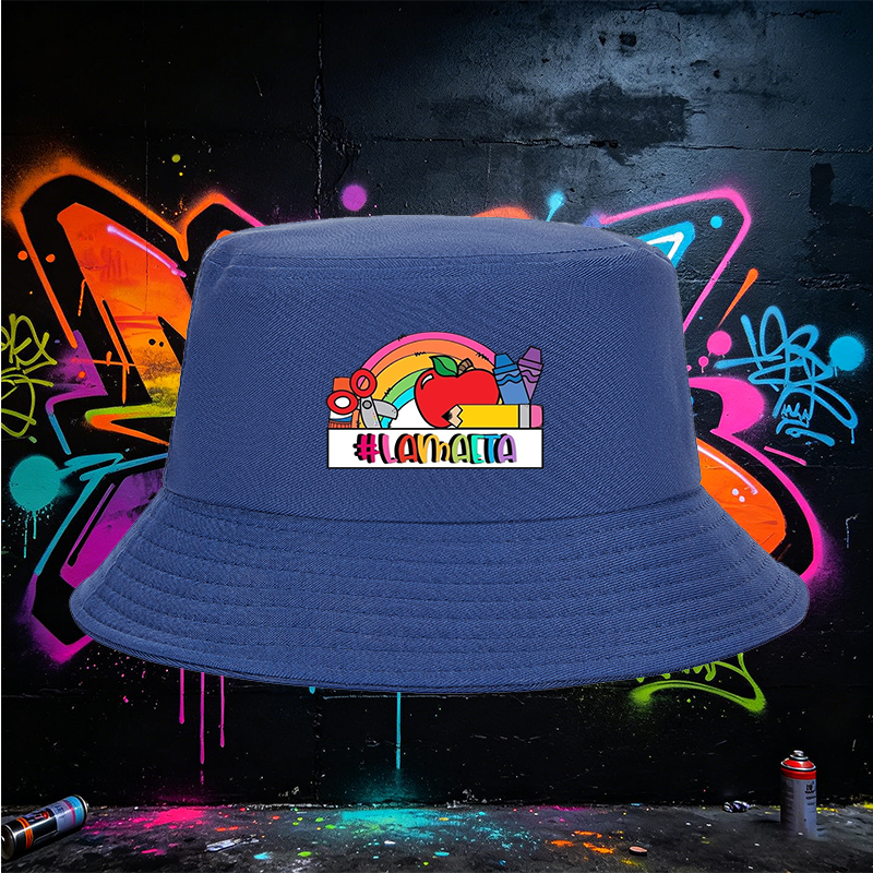 Unisex Bucket Hat with Rainbow Apple and School Supplies Print, #LAMMAETA Design, Classic Cotton Sun Hat for Outdoor Activities, Perfect for Students and Teachers