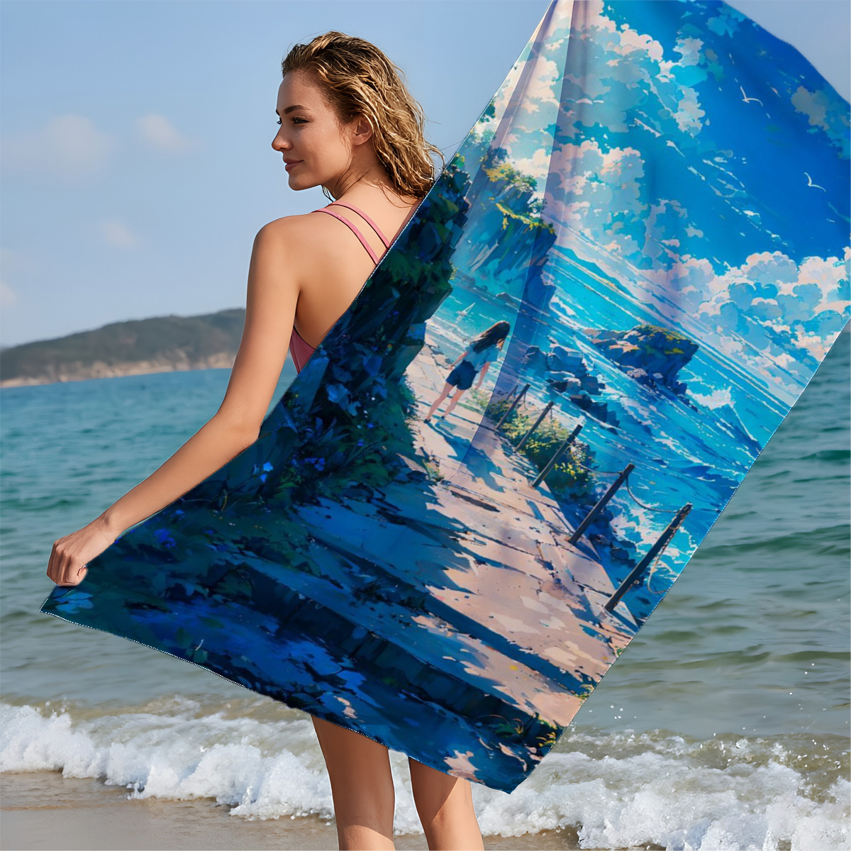 Girl walking on coastal path overlooking turquoise sea and rocky cliffs under bright blue sky - Beach towels