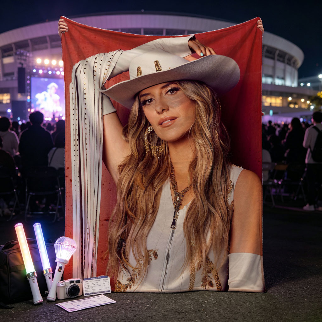 Lindsay Ell in a Cowboy Hat and Western Outfit Against a Red Background - Blankets
