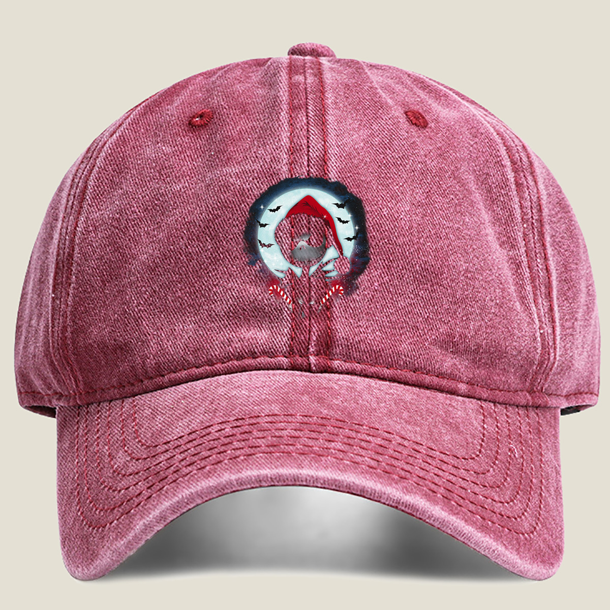 Jack Skellington in Santa Hat with Candy Canes Against Moonlit Sky - Washed Denim - Baseball Cap