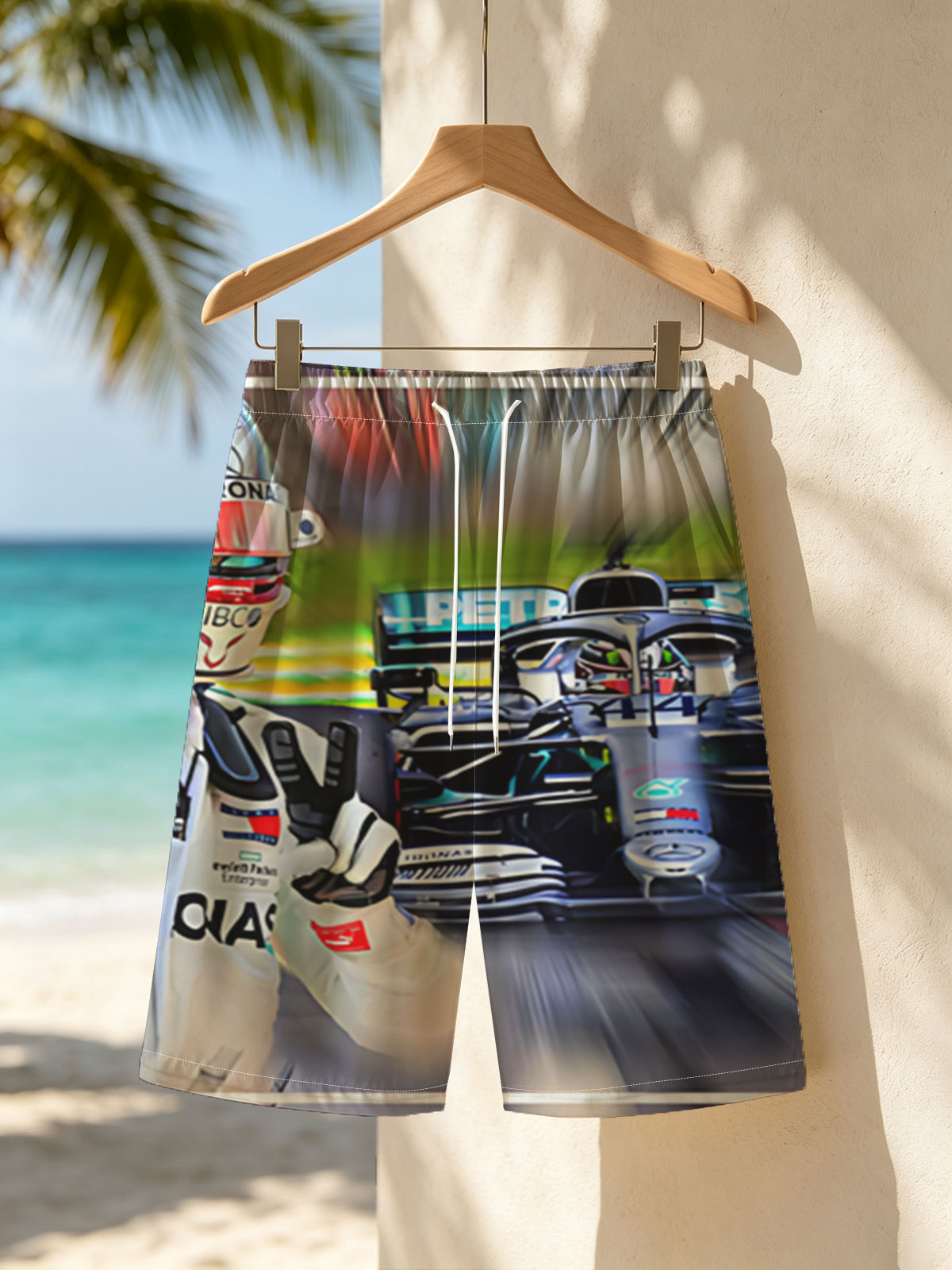 Lewis Hamilton, Mercedes F1 Driver, Celebrating Victory on Track -  Beach shorts