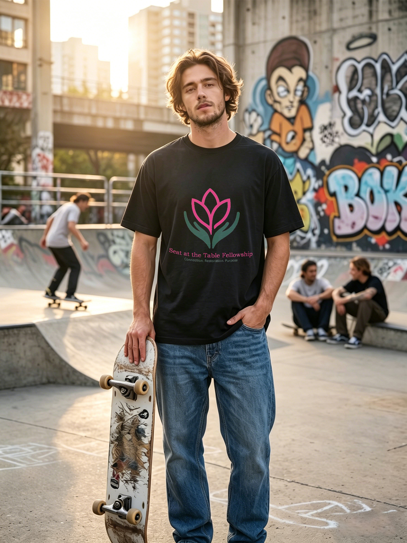Men's Printed T-Shirt Seat at the Table Fellowship Lotus Hands Design Casual Round Neck Summer Lightweight Breathable Short Sleeve T-Shirt for Daily Wear and Community Events Adults