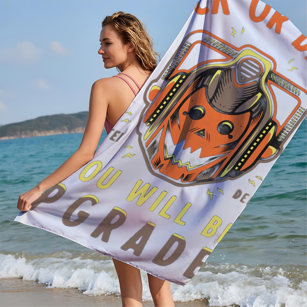 Trick or Delete: Halloween Cyberpunk Pumpkin with Helmet and Upgrade Threat - Beach towels