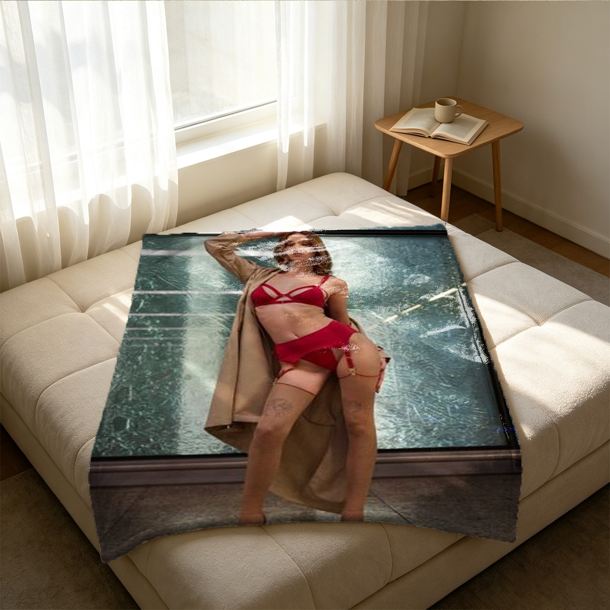 Woman in red bikini at the beach holding bikini tie. - Blanket