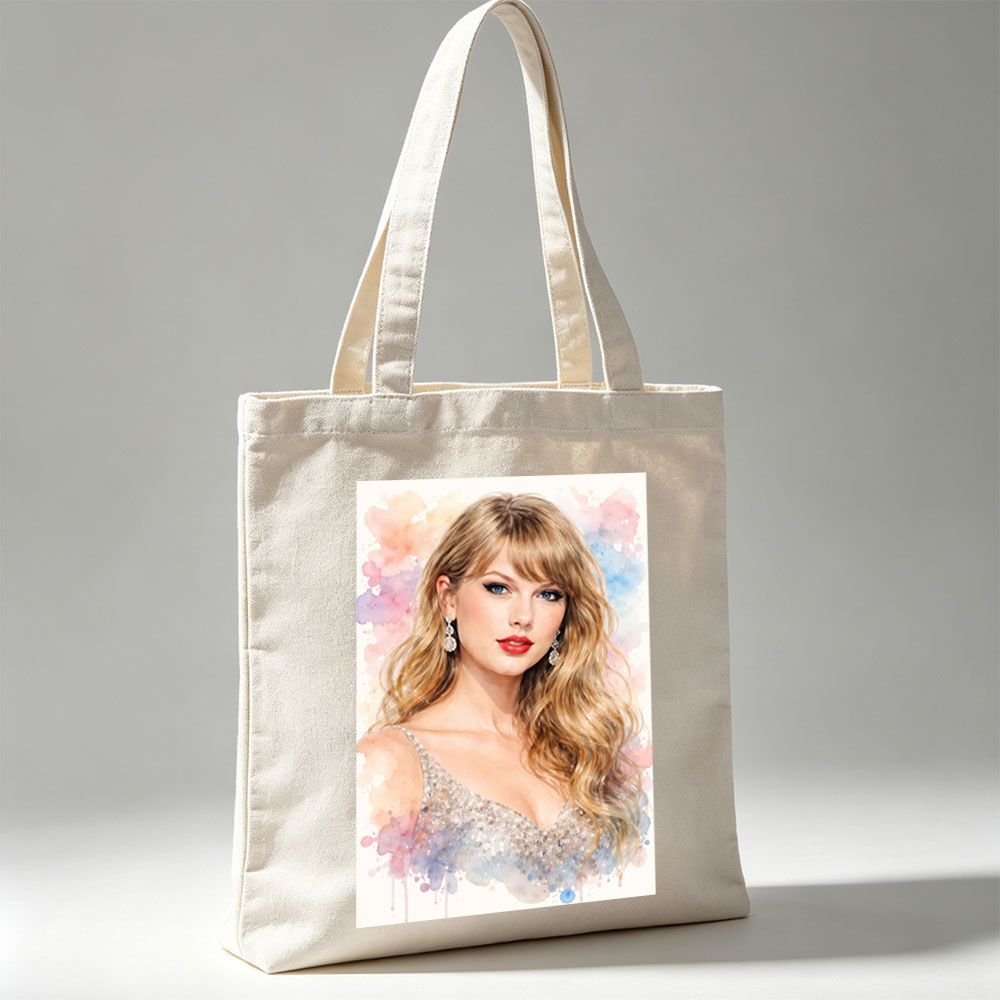 Taylor Swift in a Glamorous Portrait with Watercolor Background and Sparkling Dress - Canvas tote bags