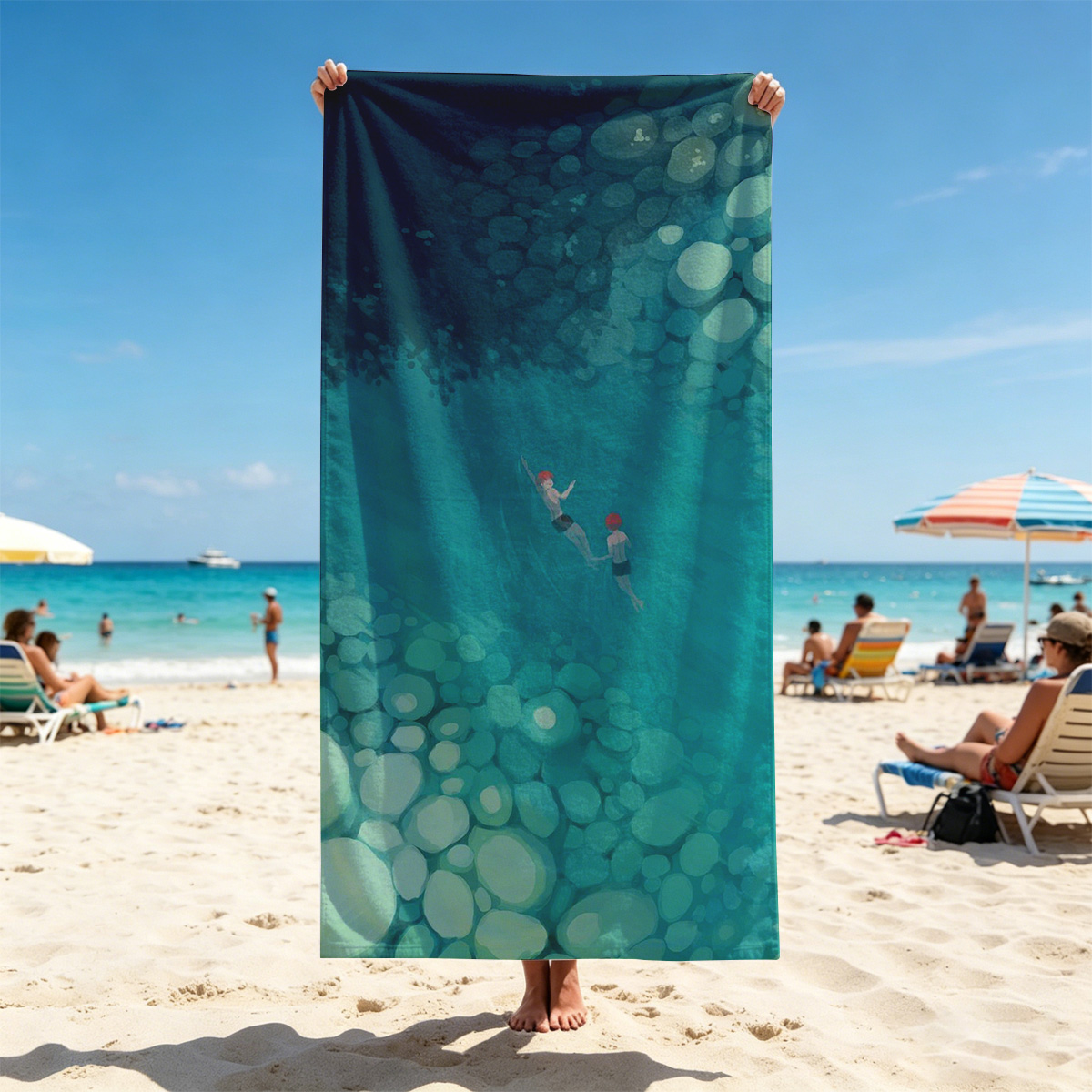 Two swimmers glide through a serene, rocky underwater tunnel. - Beach towels