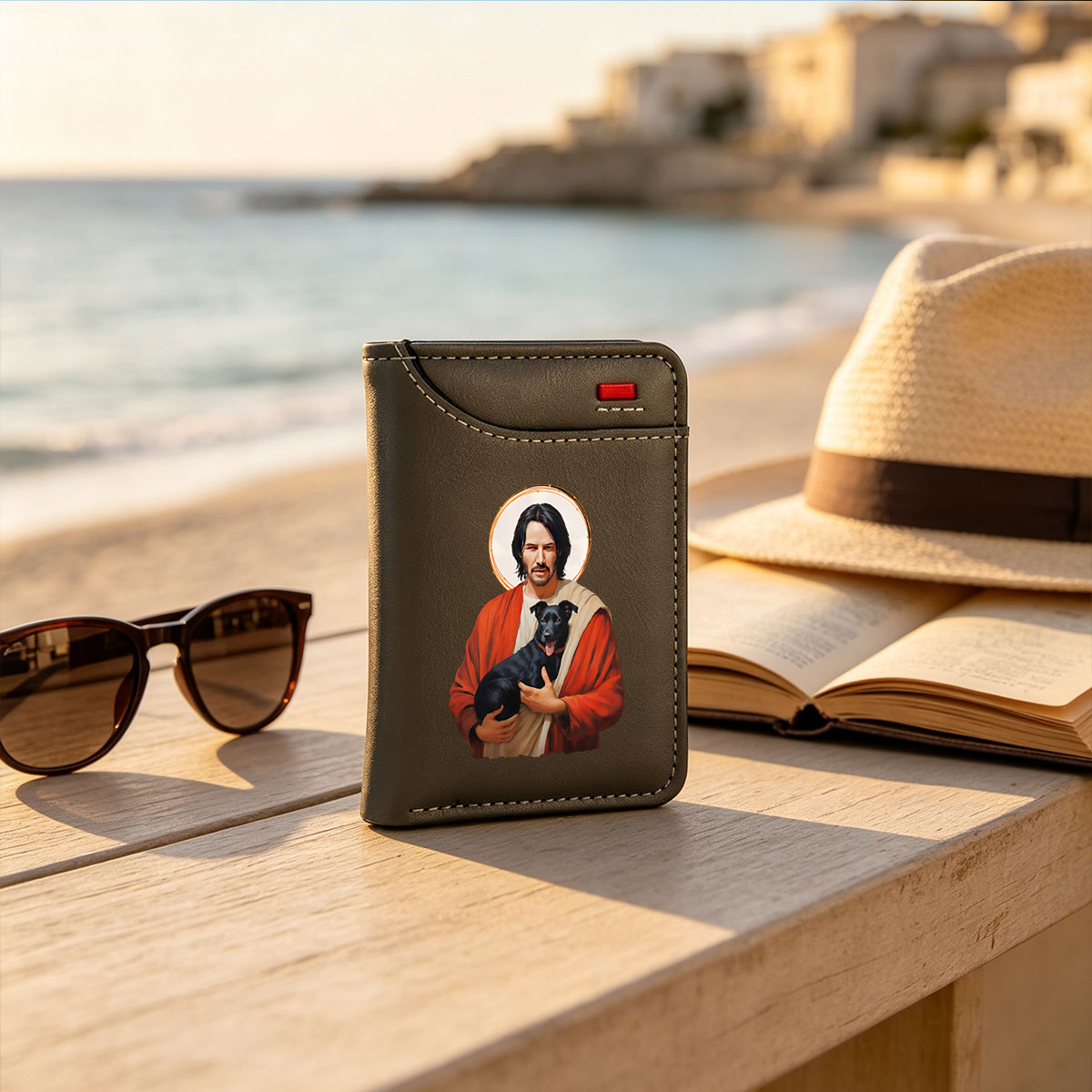 Keanu Reeves as Jesus Holding a Black Dog - Vertical Style Wallet