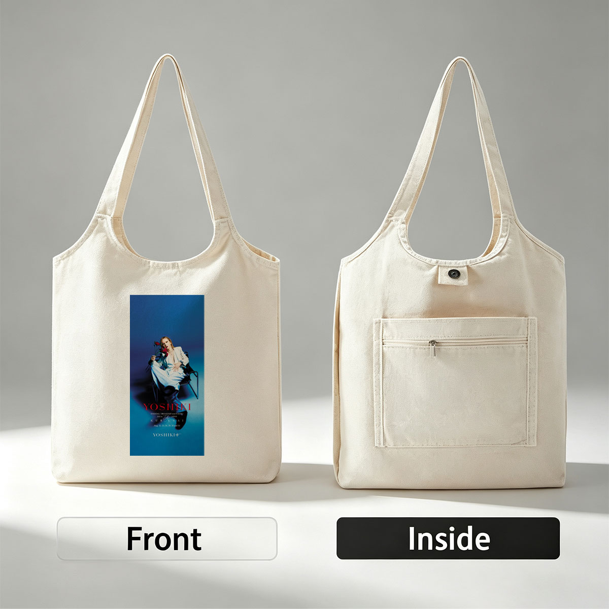 YOSHIKI Evening Breakfast with YOSHIKI 2025 in Tokyo Japan KURENAI Poster Featuring YOSHIKI Seated on Chair Holding Red Roses Against Blue Background - Canvas shoulder bags/