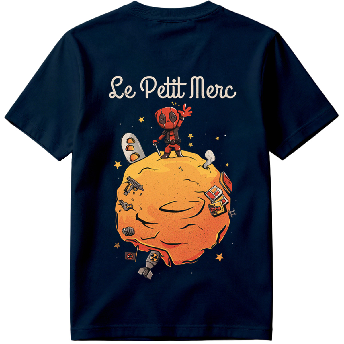 Deadpool on a Planet with Weapons and Space Items - Tee