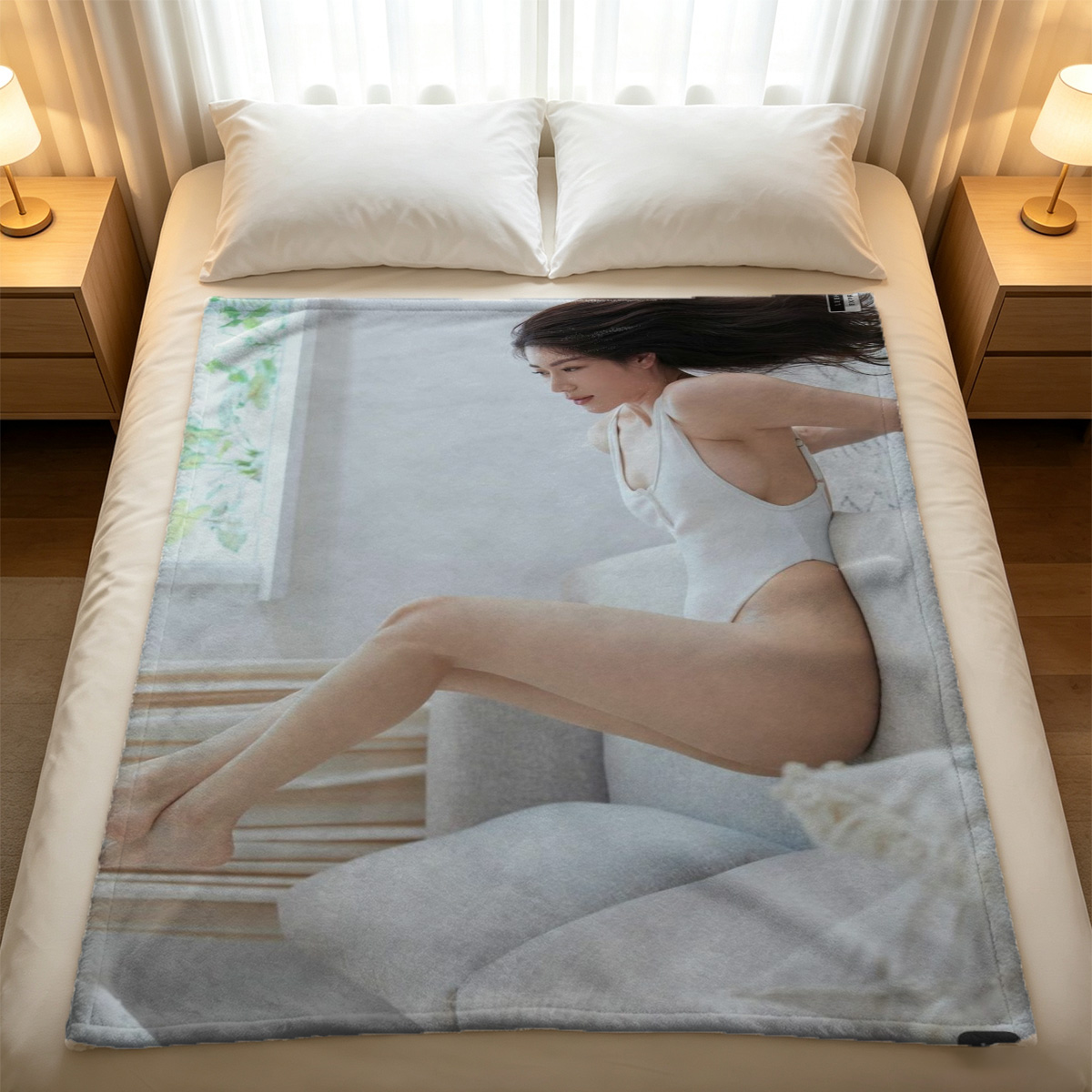Nude pianist on white piano stool with black gloves and choker. - Blanket