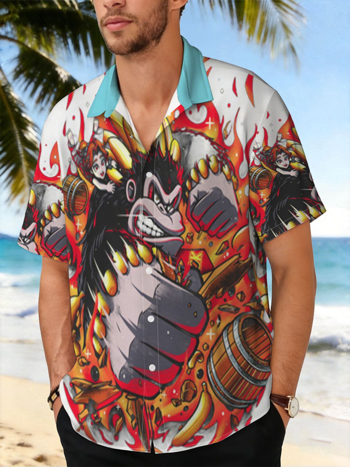 Donkey Kong and Diddy Kong in Fiery Action with Bananas and Barrels -  Shirt